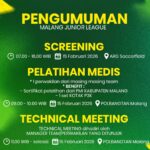 Poster pengumuman Malang Junior League: screening, pelatihan medis bersertifikat PMI, dan technical meeting pada 15 Februari 2026 di ARG Soccerfield dan Polbangtan Malang.