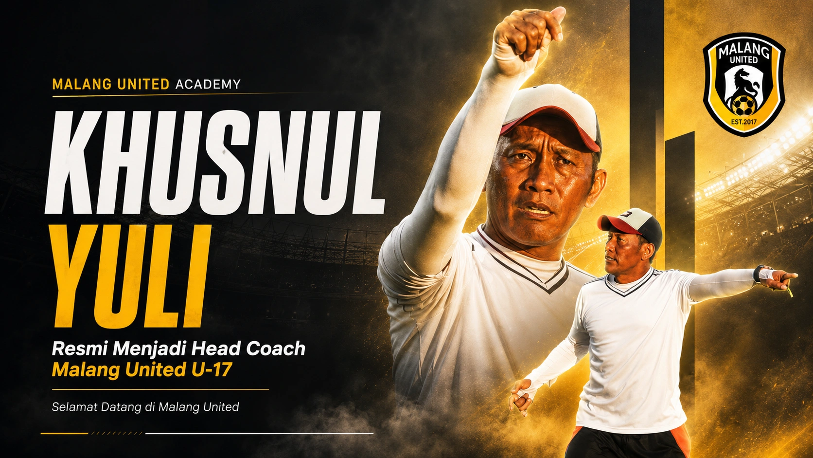 Poster resmi Malang United Academy tentang Khusnul Yuli sebagai Head Coach Malang United U-17