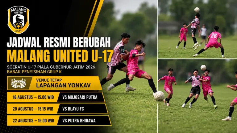 Jadwal terbaru Malang United U-17 pada Grup K Soeratin 2026 yang berlangsung di Lapangan Yonkav.