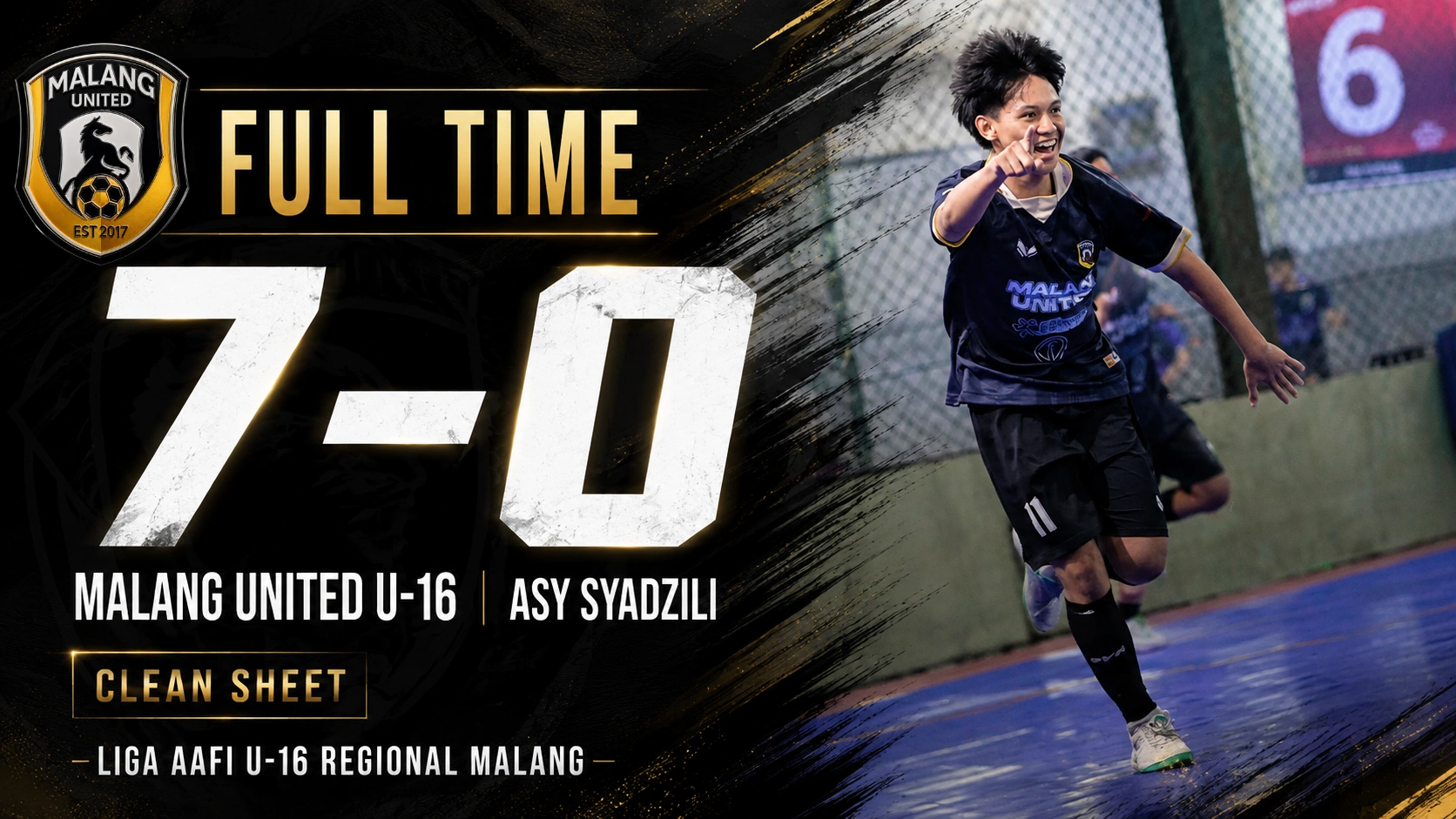Pemain Malang United U-16 merayakan kemenangan 7–0 atas Asy Syadzili dalam Liga AAFI Regional Malang.