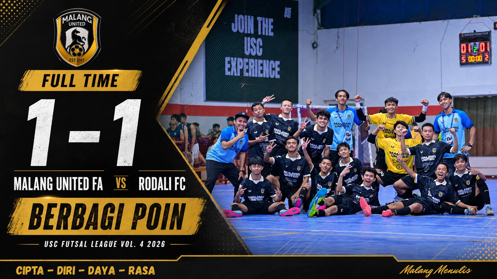 Pemain Malang United FA berfoto setelah bermain imbang 1–1 dengan Rodali FC pada USC Futsal League 2026.